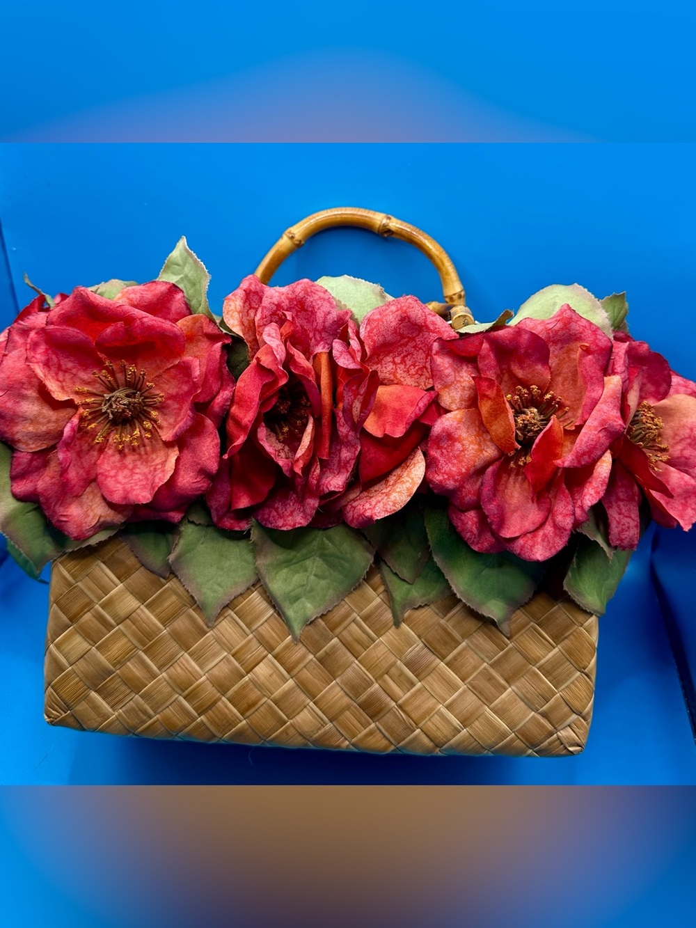 Vintage Hawaiian Style Bamboo Handle Woven Tote with Floral Trim